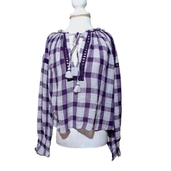 Free People Honey Grove Plaid Purple Plum Long Sleeves Tassel Boho Peasant Top S - Picture 4 of 8